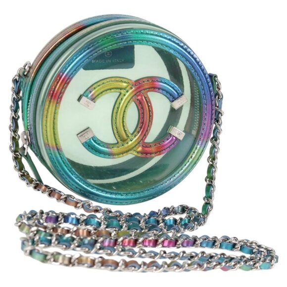 CHANEL CC filigree Chain Shoulder Bag Vinyl Silver Rainbow CC Auth 116287AM - Picture 1 of 16